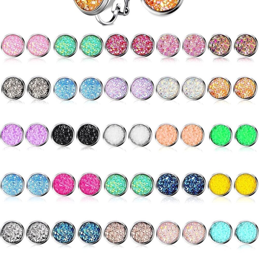 32 Pairs Clip on Earrings Womens Bohemian Faux Druzy Stainless Steel Jewelry